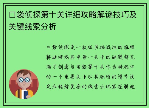 口袋侦探第十关详细攻略解谜技巧及关键线索分析